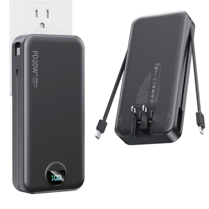 Nusyddy Portable Charger 20000mAh Fast Charging w/Built-in Wall Plug Black - color: Jet Black