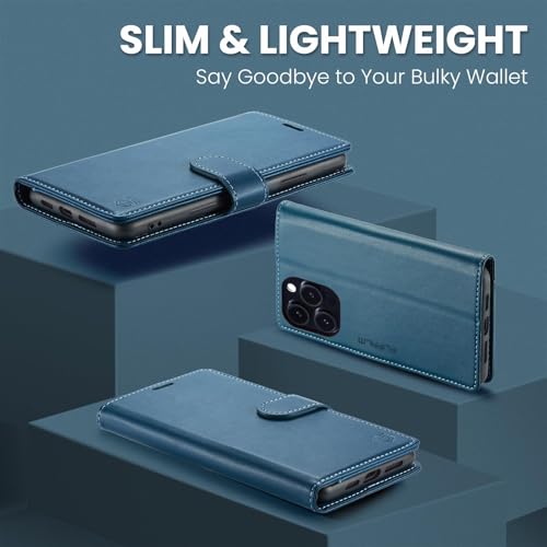 FLIPALM Card Holder Wallet Case for iPhone 15 Pro 6.1", Blue | RFID Blocking, PU Leather Folio Flip, Kickstand, Protective Shockproof Cover - color: Blue, size: iPhone 15 Pro - 6.1"