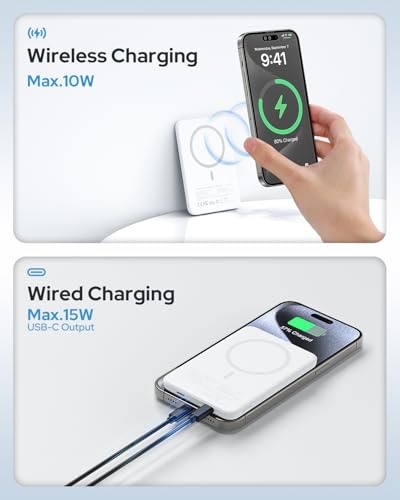 for Magsafe Portable Charger, 5000mAh Slim Wireless Magnetic Power Bank | Travel Camping Essential for MagSafe Battery Pack with USB C Charging, Compatible with 17/16/15/14/13/12 Series (White) - color: White
