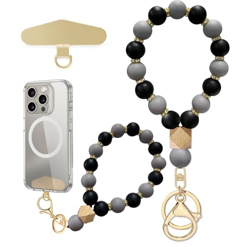 Silicone Beaded Phone Wrist Strap, Phone Bracelet Strap with Tether Tab Elastic Hands Free Wristlet Strap - color: Black Grey