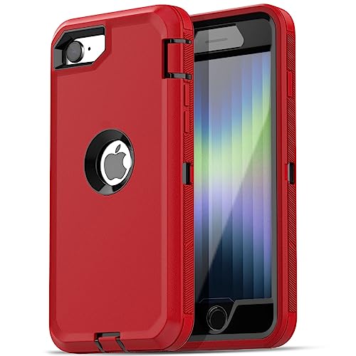 AICase for iPhone SE Case 3rd & 2nd Generation, for iPhone SE 2022/2020 Built-in Screen Protector Heavy Duty Protective Shockproof 3-Layer Full Body Rugged Phone Cover, Red/Black - color: Red/black