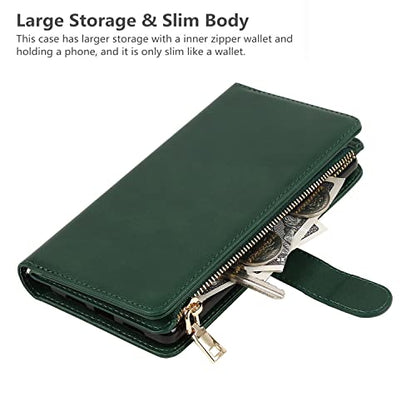 iCoverCase for Samsung Galaxy S23 Ultra Wallet Case with Card Holder, Kickstand Feature PU Leather Case with Adjustable Crossbody Lanyard Magnetic Clasp Zipper Pocket Flip Cover (Green) - color: Green, size: Galaxy S23 Ultra