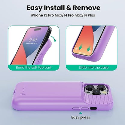 Battery Case for iPhone 14 Pro Max,14 Plus and 13 pro Max, Real 8600mAh Rechargeable Smart Extended Charging Case, Ultra-Slim Portable Protective Battery Pack (6.7 inch) Purple - color: Purple