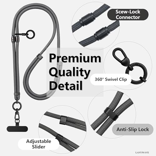 4-in-1 Phone Lanyard, Crossbody, Neck, Wrist & Finger Strap - color: Gray