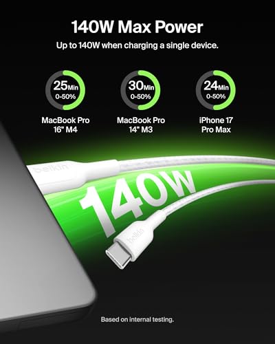 Belkin 2 in 1 USB C to C 140W Braided Cable, 5ft, Dual Charging Cord - color: White