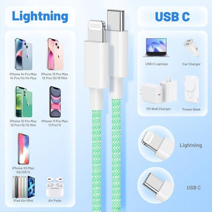 20W Lightning Cable to USB C, [Apple MFi Certified] Braided Fast Cable - color: Green, size: 20W-6FT+10FT