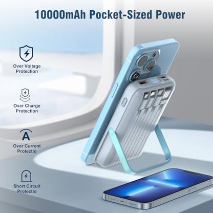 Wireless Portable Charger 10000mAh,Magnetic Power Bank with Built-in Cables LED Display,22.5W PD Fast Charging for Magsafe Battery Pack Compatible with iPhone16/15/14/13/12/Pro/Pro Max(Blue) - color: Blue