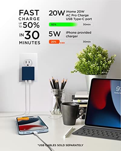 iHome 2-Port 20W Dual Port USB-C and USB-A Wall Charger, Travel Adapter - color: Navy