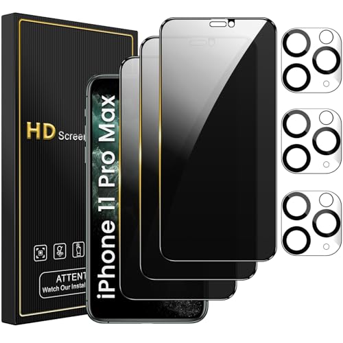 Romkasi 3 Pack Privacy Screen Protector for iPhone 11 Pro Max 6.5 Inch with 3 Pack Camera Lens Protector, Anti Spy Tempered Glass Film, Anti-Scratch, Touch Sensitive, Case Friendly - color: iPhone 11 Pro Max