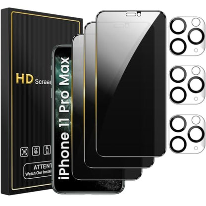 Romkasi 3 Pack Privacy Screen Protector for iPhone 11 Pro Max 6.5 Inch with 3 Pack Camera Lens Protector, Anti Spy Tempered Glass Film, Anti-Scratch, Touch Sensitive, Case Friendly - color: iPhone 11 Pro Max