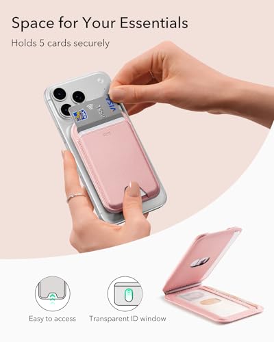 ESR Aura for MagSafe Wallet with Adjustable Stand, 5 Card Holder | Strong Magnetic Wallet for iPhone 17 Pro Max 17e 16 15 14 13 12 Series, Not for iPhone 13/12 mini, Vegan Leather, Pink - color: Pink