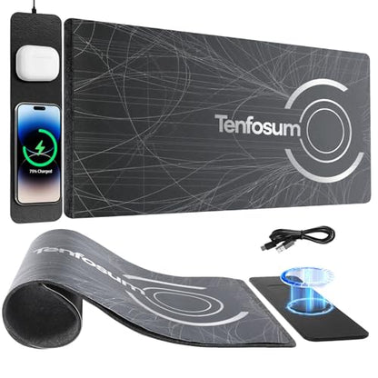 30"x15" XXL Wireless Charging Mouse Pad, Detachable 15W Qi Charger - color: Lines Art