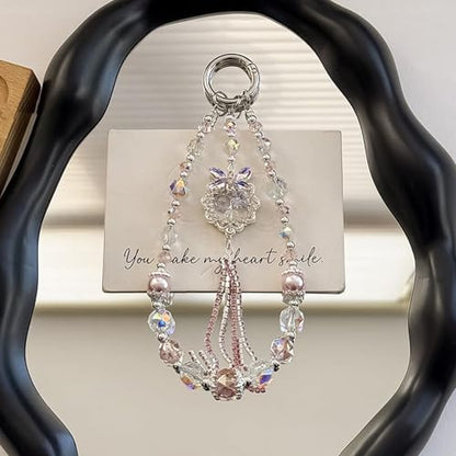 Rhinestone Bead Phone Charm for Women, Butterfly Bow Beaded Wrist Strap Lanyard with Tether Tab – Anti-Theft Hands-Free Detachable Phone Chain Wristlet - color: Heart Tassel Pink