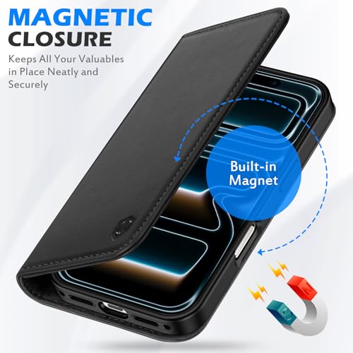 SHIELDON Genuine Leather Wallet Case for iPhone 17 Pro Max 6.9" 2025, Black | Flip Magnetic Cover, Kickstand, RFID Blocking, 3 Credit Card Holder, Book Design, Shockproof, Soft Inner Phone Case - color: Black