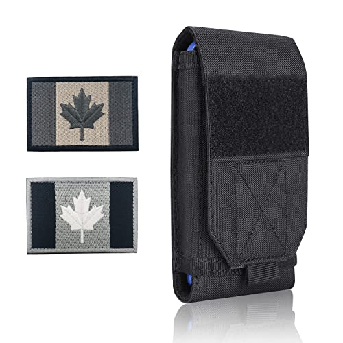 Black Tactical Molle Waterproof Cellphone Pouch Case,Heavy Duty Phone Holster Bag for iPhone 11 12 13 Pro Max Samsung S22 S21 S20 FE Note 20 A02S Less 6.7" Phone with 2 Pack US Flag Patch - color: Black & 2 Canada Patches