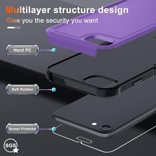 Case for iPhone 8/7/SE 2022 2020, with Screen Protector,Military Grade Heavy Duty Shockproof Phone Cover with Wrist Lanyard Strap for iPhone 8/7/SE 2nd 3rd 4.7 inch,Lavender | with Screen Protector+Wrist Lanyard Strap,Heavy Duty Shockproof Case for iPhone