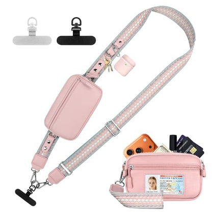 YFWE Clip and Go Phone Strap with Crossbody Wallet, Adjustable Phone Lanyard with Detachable RFID Wristlet Wallet, Anti-Theft Leather Purse with ID Window for Travel Essentials (Pink) - color: Pink