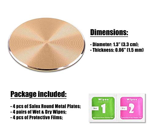 SALEX Cell Phone Metal Plates 4 Pack. Gold Replacement Set for Magnetic Car Mount & Phone Holder. Strong Adhesive Iron Plates for iPhone, Samsung & More - color: Gold