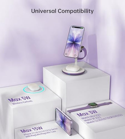 3 in 1 Magnetic Wireless Charging Station for Apple Devices,15W for Magsafe - color: Lavender Purple