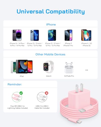 AISNI Fast Charging for iPhone 14/13/12 Fast Charger with 6 FT Long Cable - color: Light Pink