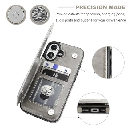 ONETOP for iPhone 16 Wallet Case with Credit Card Holder,Gray | Kickstand,ID/Cash Holder,Case Wallet with Card Slots,Double Magnetic Clasp,Durable PU Leather Shockproof Cover for Women Men - color: Gray