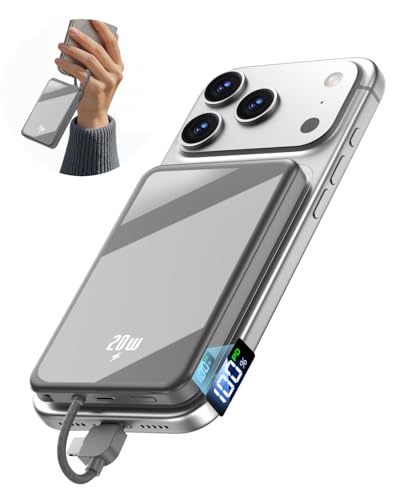 10000mAh Portable Charger, 20W Fast Charging, Built-in Cables with Handle | Charge from 20% to 85% in 30 Mins, 30% Smaller, magnetic grip, Stays Cool, LED Display, for iPhone, Samsung, Android Phones - color: 05.Grey