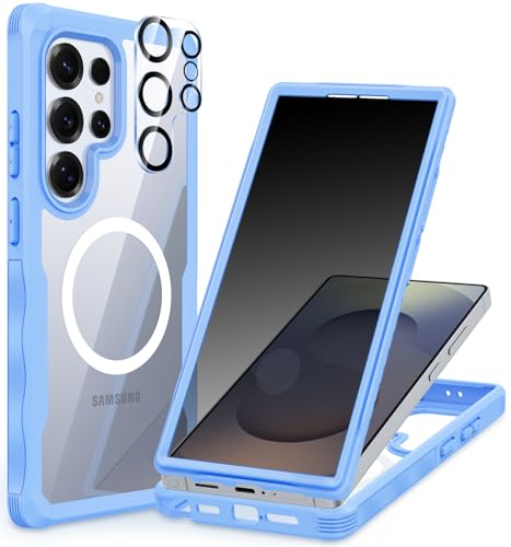 CENHUFO Magnetic Privacy for Samsung Galaxy S25 Ultra Case, Full Body Phone Case with Built-in 9H Tempered Glass Privacy Screen Protector and Camera Lens Cover, Shockproof Bumper - Light Blue - color: Light Blue, size: S25 Ultra