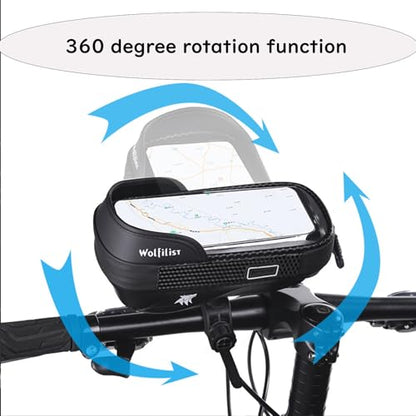 WOLFILIST Waterproof Bike Phone Mount - Touch Screen Holder for 7'' Phones, 360° Rotation & Shockproof Handlebar Bag - Ideal for Cycling, Motorcycle, Electric Bike Accessories (BLACK)