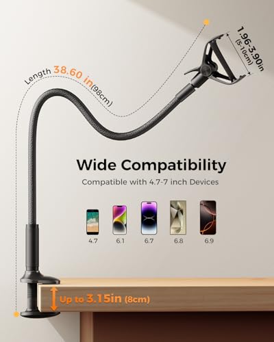 SAIJI Gooseneck Phone Holder for Bed Overall Length 38.6” Flexible Leather Wrapped Arm Overhead Cell Phone Mount Stand with 360° Adjustable Clamp Clip, Compatible with All 4-7” Cellphones (Black) - color: Black, size: 38.6 in