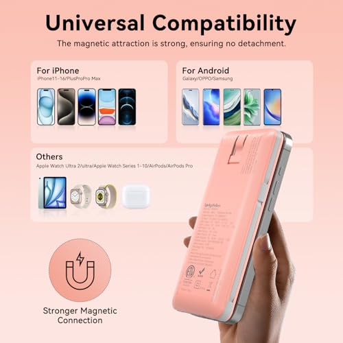 Magnetic 10000mAh Portable Charger for iWatch & iPhone, PD Fast Charging Wireless Power Bank Built-in Cables and Wall Plug, External Travel Battery Pack Compatible with iOS Android Phones - color: Pink
