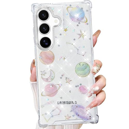 Changjia for Samsung Galaxy S25 Plus Clear Glitter Case, Cute Bling Sparkle Planet Space Stars Moon Universe Pattern Soft TPU Silicone Shockproof Women Girls Protective Case for Galaxy S25 Plus, Clear - size: for Samsung Galaxy S25 Plus