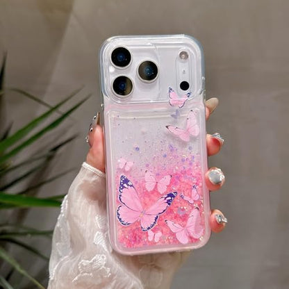 Compatible with iPhone 17 Pro Max Glitter Butterfly Case Glow in The Dark Women Girls Girly Bling Sparkle Flowing Quicksand Light up Soft TPU Bumper Luminous Clear Phone Cover Pink - color: Pink, size: iPhone 17 Pro Max