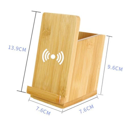 Bamboo Wood Pen Holder & 15W Dual-Coil Wireless Charger – Solid Bamboo Desk Organizer with Phone Stand, Eco-Friendly Office & Study Accessory for Students & Professionals