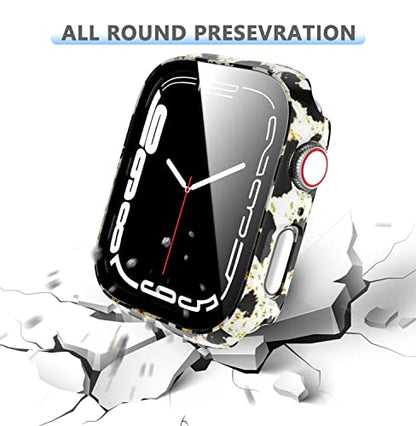 Rontion 6 Pack Hard PC Case Compatible with Apple Watch Series 9 8 7 41mm | Ultra-Thin Scratch Resistant Tempered Glass Screen Protector Cover Anti-Fall Full Protective Bumper for iWatch S9/S8/S7 41mm - color: Black+Clear+Silver+Rose Gold+Pink+Leopard, si