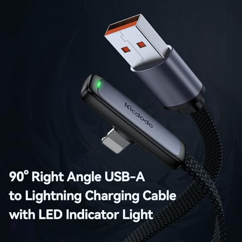 mcdodo 6FT USB to Lightning Cable 90 Degree Right Angle USB-A to Lightning Charging Cable with LED Indicator Light Compatible with iPhone 14 13 12 11/Pro/ProMax/Plus, iPad, AirPods, iTouch - color: USB-A to Lightning
