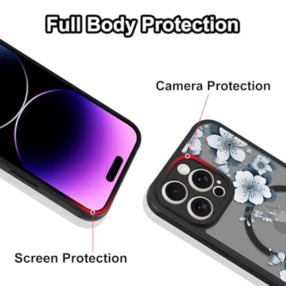 Magnetic for iPhone 14 Pro Case,White Flower | [Compatible with MagSafe] Cute Fashion Translucent Matte Hard Back Shockproof Anti-Scratch Phone Case,Ink Flower - color: Ink Flower, size: iPhone 14 Pro