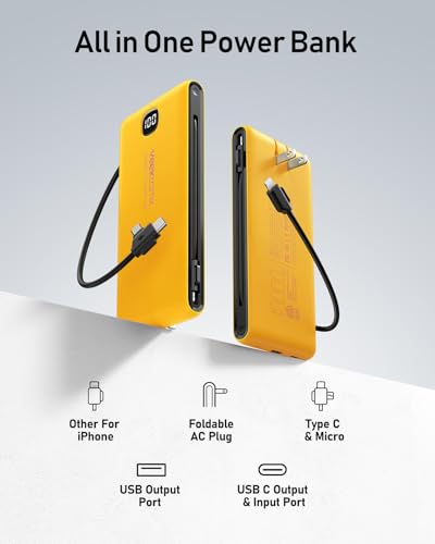 VEEKTOMX 10000mAh Portable Charger with Built-in Cables & Wall Plug - color: Saffron