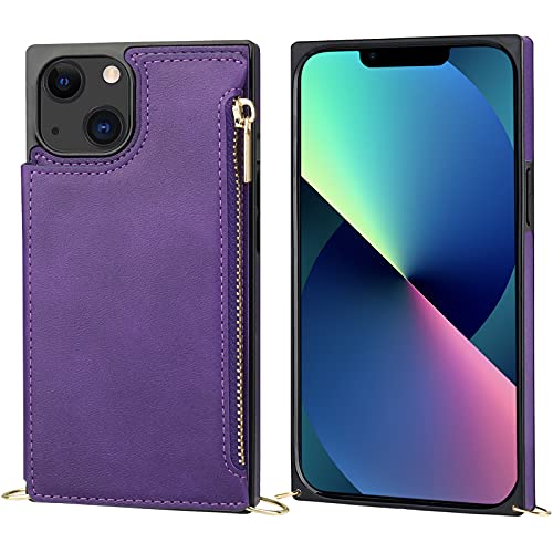 Bocasal Crossbody Wallet Case with Strap for iPhone 13/14, Purple | RFID Blocking Card Slot Holder, Magnetic Flip Folio Purse Case, PU Leather Zipper Handbag Detachable Lanyard Strap 6.1 Inch - color: Purple