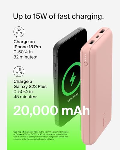 Belkin 20000mAh 15W 3 Port Power Bank, USB A to USB C Cable Included - color: Rose Gold