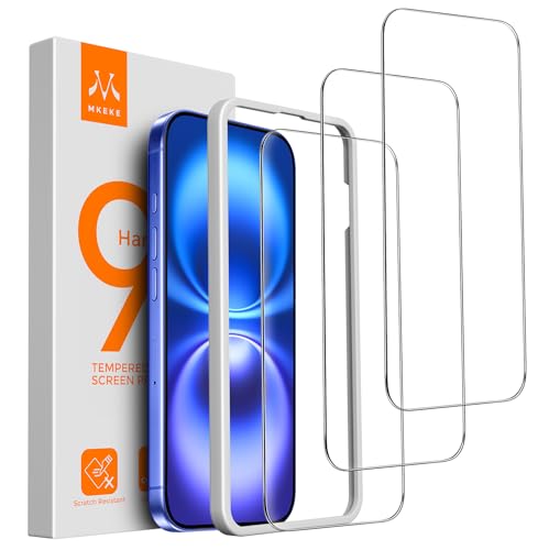 Mkeke 3 Pack Screen Protector for iPhone 16/ iPhone 15 6.1" | [9H+ Tempered Glass] [Easy Installation Frame][Military-Grade Drop Protection] HD Clear, Anti-Scratch, Bubble Free - size: for iPhone 16/15 6.1“