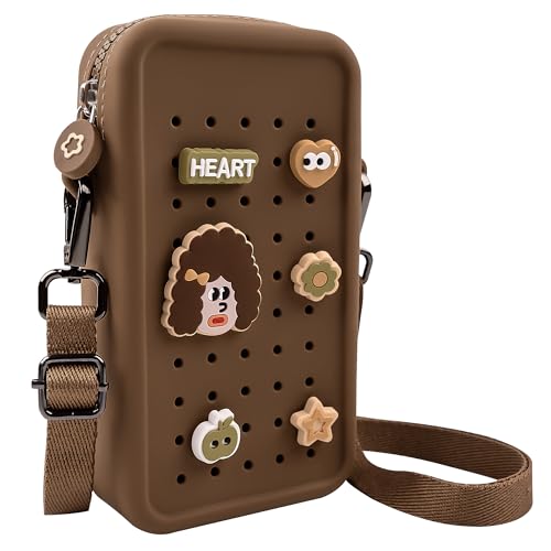 Silicone Crossbody Bag for Women, DIY Charm Compatible Perforated Hole Design, Compact Waterproof Lightweight Phone Purse with Adjustable Strap for Daily Use (Brown) - color: Brown