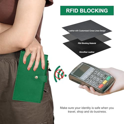 Travelambo RFID Wallet Women Large Size Bifold Multi Card Wallet Case with Zipper Pocke Credit Card Holder for Women - color: Green