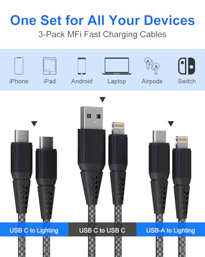 USB‑C to Lightning + USB‑C to USB‑C + USB‑A to Lightning Cables 3‑Pack 6FT (2M), MFi Certified Nylon Braided Fast Charging Cord Compatible with iPhone 17 16 15 14 13 12, iPad, MacBook, Galaxy & More