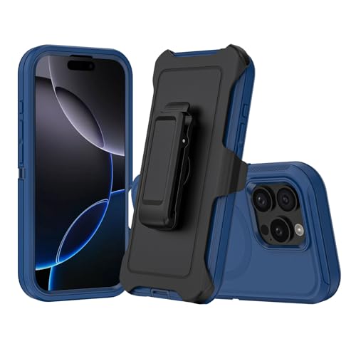 Compatible with iPhone 16 Pro Max Case, with Belt Clip Holster Heavy Duty Magnetic Wireless Charging Full Body Protection Kickstand Cover for iPhone 16 Pro Max 6.9 inch Phone (Navy Blue) - color: Navy Blue
