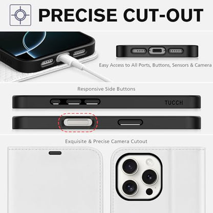 TUCCH Wallet Case for iPhone 16 Pro Max (6.9") 2024, 4 Card Slots, White | RFID Blocking, Viewing Stand, Shockproof TPU Shell, PU Leather, Magnetic Closure, Protective Folio Flip Cover - color: White