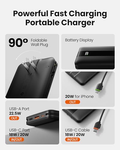 Portable Charger with Wall Plug, Fast Charging Power Bank Built-in Cables, Slim 10500mAh 22.5W 4 Outputs 3 Inputs LED Display External Battery Pack Compatible with iPhone/Android (Black) - color: Black