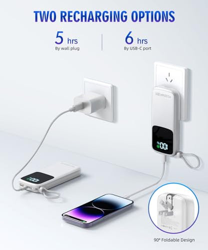 Portable Charger Power Bank, 15000mAh Portable Charger Fast Charging Lightweight, Built-in AC Wall Plug and 2 Output Cables with LED Display for iPhone Samsung iPad etc