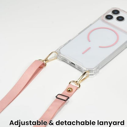 Magnetic for iPhone 17 Pro Max Crossbody Phone Case,Clear/Pink,Magnetic Soft Frame PC Back Shockproof Protective Phone Cover with Adjustable Detachable Lanyard,Compatible with MagSafe - color: Clear/Pink, size: iPhone 17 Pro Max
