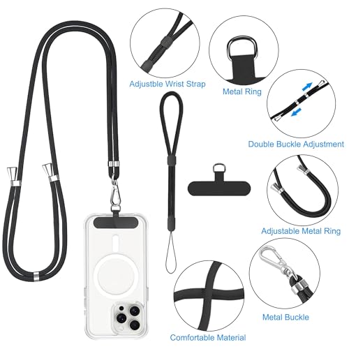 Phone Lanyard Crossbody, 2 Pack Adjustable Double Buckle Nylon Neck Cell Phone Lanyards, 2x Wrist Phone Straps and 2 Pack Phone Tether Pads Compatible with iPhone & Most Mobile Phones - color: Black+gray