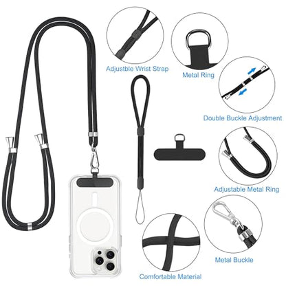 Phone Lanyard Crossbody, 2 Pack Adjustable Double Buckle Nylon Neck Cell Phone Lanyards, 2x Wrist Phone Straps and 2 Pack Phone Tether Pads Compatible with iPhone & Most Mobile Phones - color: Black+gray